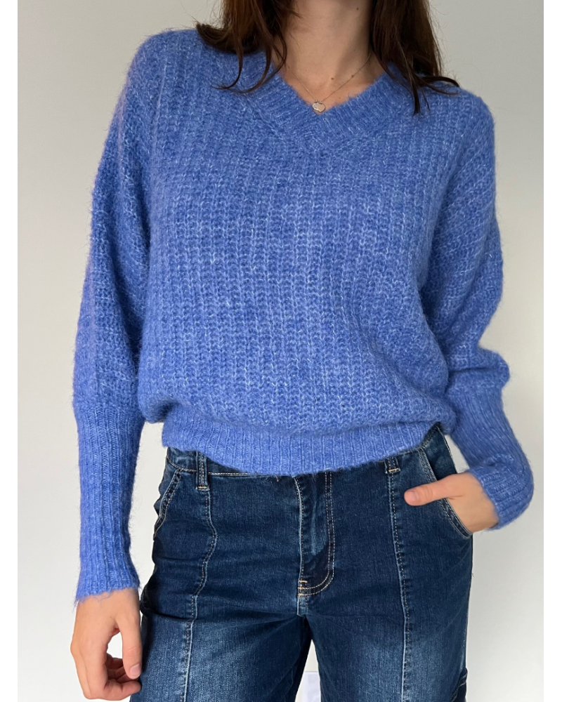 Long Cuff V-Neck Knit Royal Blue